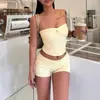 Estilo casual europeu e americano comércio exterior feminino top cropped strapless sem costas franzido conjunto de shorts de três pontos slim
