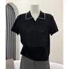 Camisa Polo de Punto Fina Hecha a Mano con Perlas para Verano, Transpirable, Cuello Redondo, Huecos, Manga Corta, Elegante Top de Tencel para el Trabajo