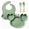 Juego de Alimentación para Bebé de Silicona de 4 Piezas, Plato con Ventosa de Cangrejo, Babero Impermeable, Kit de Vajilla Autoalimentaria Libre de BPA para Niños Pequeños