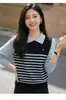 Suéter de Tricô Listrado Color Block com Gola Lapela Redutor de Idade para Mulheres, Pulôver Casual Soltinho, Top Falso de Duas Peças Estilo Francês com Manga Longa