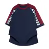 Camiseta de Manga Corta de Algodón Puro, Estilo Americano Súper Elegante y Moderno, Marca con Tres Rayas y Bloques de Color, Corte Holgado para Mujer, Top Estilo Universitario Perezoso 2026
