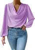 2025 Temu Amazon Nueva Camisa de Gasa de Manga Larga Europea y Americana Suelta Pulóver Cuello en V Top Casual Camiseta Ropa para Mujer