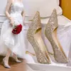Elegantes zapatos de boda de tacón de aguja para mujer, nuevos zapatos de novia estilo francés 2025, zapatos de cristal, impresionantes para combinar con un vestido de gala