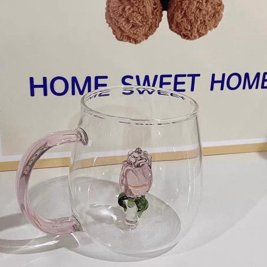 ins立体造型玻璃杯,透明单层玻璃杯,玫瑰花果汁杯,家用带把饮品杯