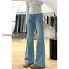 Jeans Acampanados Elásticos de Color Claro para Mujer, Nuevo Otoño Talla Grande de Cintura Alta Adelgazantes para Cuerpo con Forma de Pera Pantalones Acampanados