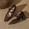 5960 Novos Sapatos Mary Jane Moda Outono 2025 Tira com Fivela de Linha Única Sapatos de Boca Rasa Salto Grosso Feminino Sapatos Quadrados Pequenos