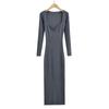 Vestido de Punto de Manga Larga con Cuello Cuadrado Francés para Mujer en Otoño Europeo y Americano Puro Deseo Sexy Elegante Aspecto Adelgazante Falda Larga Ajustada a las Caderas