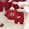 Nuevo conjunto de primer cumpleaños para bebé niño estilo chino, conjunto rojo con bordado del carácter "Fu", conjunto de dos piezas para primavera/otoño para celebración de 100 días y salidas