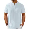 Amazon Wish Transfronterizo Nueva Camisa Henley Rayada de Algodón y Lino Retro para Hombre Camisa Casual Holgada Venta al por Mayor