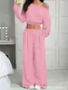 Traje corto de manga larga off-shoulder para mujer, conjunto casual de dos piezas con pantalones anchos estilo europeo y americano, ropa para mujer transfronteriza, estilo casual