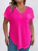 2026 Amazon Comercio Exterior Transfronterizo Primavera y Otoño Nuevo Color Sólido Talla Grande Camiseta de Mujer Cuello en V Manga Corta Suéter Holgado