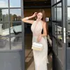 Vestido largo de tirantes con lunares, escote pronunciado, estilo europeo y americano, puro deseo, con cinta, sin espalda, para noche, chica atractiva, vestido largo de playa para vacaciones en la isla