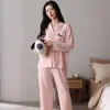 Conjunto de pijama e roupa de casa feminina de duas peças, com mangas compridas e calças compridas, em algodão puro, dupla face, costela 40 fios, 200 gramas, em estoque, pode ser usado fora de casa