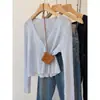Cárdigan de punto fino color Manro Azul Menta con cuello en V, protector solar para mujer, prenda exterior de verano, chal para aire acondicionado, chaqueta corta