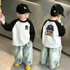 Camiseta Masculina Patchwork Gola Redonda Manga Longa, Primavera e Outono, Top 100% Algodão para Meninos Maiores, Camiseta Básica Versátil Infantil
