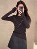 Top Fino de Cor Sólida de Manga Comprida para Mulheres Estilo Coreano Enrolado Camiseta Básica Outono Slim e Versátil Camiseta de Base Estilo Ocidental