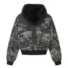 Chamarra de algodón camuflaje Zuoshandiao, estilo punk moderno de invierno para hombre, acolchada y engrosada, con cuello y capucha de piel sintética, abrigo corto de algodón