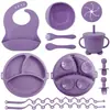 Alimento Complementario Infantil Transfronterizo Vajilla de Silicona Cordón Plato para Cenar Babero Bebé Tazón Complementario Ventosa Tenedor Cuchara Bebé Aprende a Comer