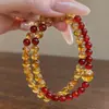 Pulsera de Múltiples Hilos Patchwork de Citrino Amarillo Natural, Topacio Amarillo y Ágata Roja, Estilo de Apilamiento con Bolas Redondas, Pulsera de Bolas para Mujer