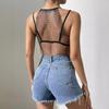 Ins2025 Popular en Europa y América Malla con Pedrería Sin Mangas Negro Ajustado Cuello Halter Espalda Descubierta Camiseta Sin Mangas para Mujer 20569