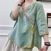 2023 Estilo Étnico Retro Cuello Diagonal Estilo Chino Bordado Camisa de Ramio Top Holgado para Mujer Vestido de Té Corte Holgado
