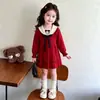 Vestido Suéter Feminino 2026 Gola Marinho Desenho Animado Bordado Laço Vestido Tricotado para Bebê Menina