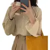 Camisa de chiffon vintage coreana Dongdaemun estilo francês com estampa de bolinhas e mangas bufantes, top de corte solto para mulheres