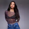Blusa de Gaze com Bolinhas Estilo Garota Picante Americana Feminina Verão Estampada Malha Transparente Camada Base Proteção Solar Camiseta Cobertura
