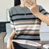Camiseta de verano nueva de algodón puro de punto, con cuello redondo, rayas de bloques de color, manga corta, estilo coreano, corte holgado, top simple y versátil