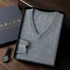 Suéter de cachemira de color liso con cuello en V para hombre, cachemira de cabra, capa base de lana simple para otoño e invierno, suéter pullover de punto holgado