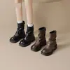 Botas femininas estilo Martin de sola grossa na cor marrom, novo estilo outono e inverno 2026, botas de algodão forradas com fleece, botinhas estilo britânico com salto bloco