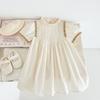 Vestido plisado de estilo coreano para niñas, ropa de verano nueva para niños, estilo palacio, cuello alto, encaje bordado, falda de manga corta para niños