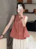 Camisa xadrez sem mangas com decote em V, doce e jovial, top de verão com amarração na cintura modelador, camisa sem mangas estilo Hong Kong vintage