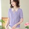 Camiseta de Punto de Verano de Manga Corta para Mamás Jóvenes, Top con Cuello de Seda Helada para Mujeres de Mediana Edad, Conjunto de Blusas Elegantes para Mujeres de Mediana Edad y Mayores