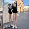 Shorts de Mezclilla de Cintura Alta para Mujer, Verano 2022, Negros, Diseño Elegante, Adelgazantes de Pierna Ancha en Línea A, Hot Pants, Modernos