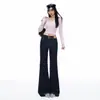 Jeans acampanados de cintura alta elásticos de doble botón estilo coreano en color Naranja Juvenil para mujer, corte ajustado, elegantes y versátiles