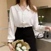 Camisa Fina de Primavera e Outono com Decote V de Chiffon Branca Manga Longa Feminina Top Solto de Cor Sólida
