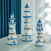 Farol Listrado Azul e Branco Grande Farol Marítimo Torre de Observação Estilo Mediterrâneo Decorações para Casa Enfeites Madeira Feita à Mão