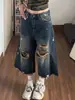 Pantalones Cortos de Mezclilla Rasgados Retro de Moda para Mujer, Nuevo Estilo Verano 2026, Pantalones Cortos Sueltos Vintage de Pierna Ancha
