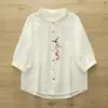 3670 Elegante y Juvenil Camisa de Gasa de Algodón con Bordado de Conejo y Botones de Colores, Manga Media, Nuevo Top Casual de Verano para Mujer