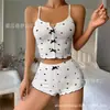 Pantalones Cortos con Tirantes de Nuevo Estilo, Conjunto Sexy de Seda de Leche Estampada Multicolor con Lazo, Fábrica de Ropa Cómoda para el Hogar