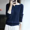 Suéter Polo de Malha Fina Imitação de Lã com Listras e Gola Alta Feminino Cardigã Versátil Color Block Peça de Outerwear