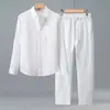 Camisa de Lino Puro de Manga Larga Primavera y Otoño para Hombre Commute Casual Todo Material de Lino Camisa Transpirable Top Estilo Chino
