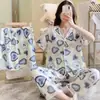 Conjunto Novo de Verão Hangtie de Três Peças Fino Doce Gola V Cardigã Solto Peça Externa Roupas de Casa Pijamas para Mulheres