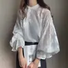Camisa Chiffon com Renda Rakuten Japão Verão 2026 Novo Estilo Elegante Jacquard Floral Manga Lanterna Transparente para Mulheres