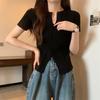 Cuello en V calado de punto moda cuello corto de punto chic verano mm camisa adelgazante irregular top francés