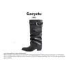 Botas largas de cuero para mujer con punta fina y tacón grueso, botas versátiles plisadas apiladas con tachuelas, tacón medio con hebilla de cinturón y caña ancha