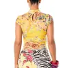 Camiseta Retrô Estilo Chinês Y2K Feminina Sexy Justa com Estampa Floral, Malha Vazada, Gola Alta e Mangas Curtas, Nova Coleção Primavera/Verão