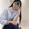 Estilo casual chic coreano, con cuello, de un solo botón, con bolsillos ocultos, fresca y simple, camisa de rayas finas de corte holgado