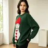 Suéter de Natal transfronteiriço europeu e americano para mulheres, suéter de malha pullover com blocos de cor e detalhes artesanais 3D de boneco de neve de lã